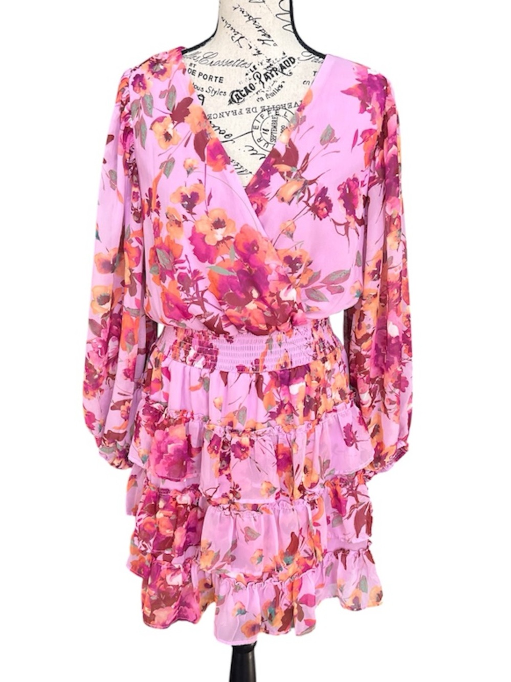 Floral Pink Tiered V-Neck Dress